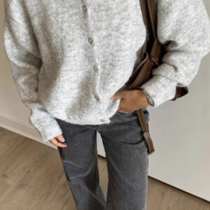 Grey Wool Shell Button Knit Cardigan