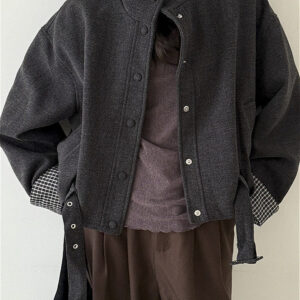 Short Cuffed Check Pieced Stand Collar Wool Coat