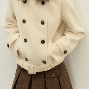 Double Breasted Hooded Waist Cinched Thickened Wool Coat