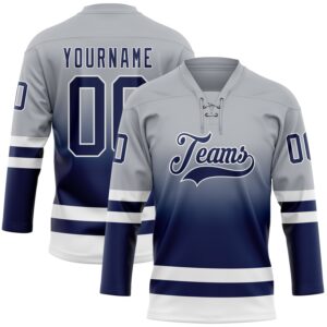 Custom Gray Navy-White Fade Fashion Hockey Lace Neck Jersey