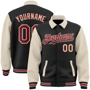 Custom Black Crimson Cream-City Cream Bomber Full-Snap Varsity Letterman Two Tone Lapel Collar Byron Jacket