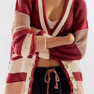 Striped Colorblock Deep V-Neck Knit Cardigan